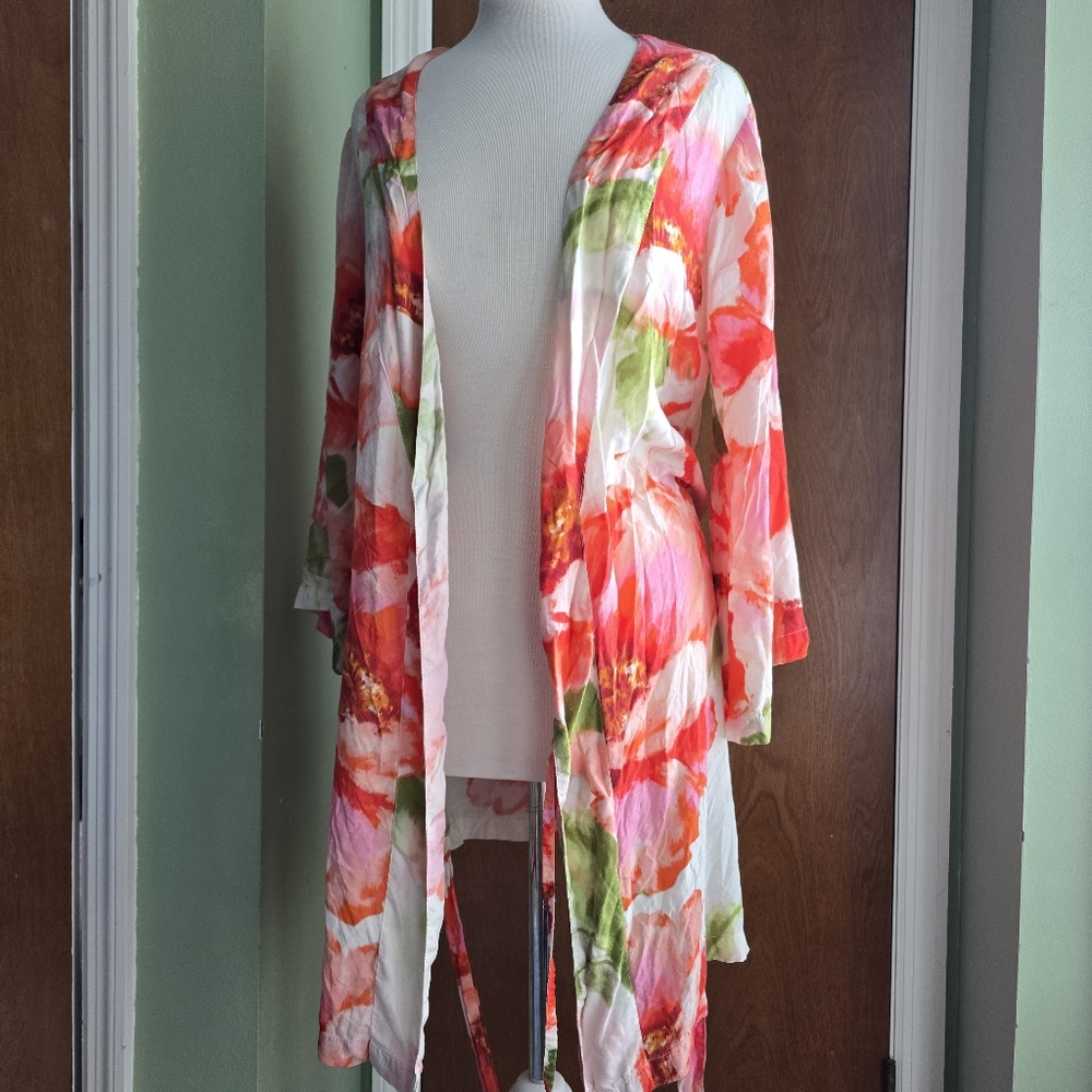 PLUM PRETTY SUGAR Pink Red Green White Floral Kimono Lightweight Rayon Robe